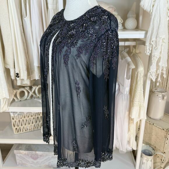 JMD New York Plus sz. 2X navy blue sheer beaded jacket mother of the bride #4164 - Picture 3 of 10
